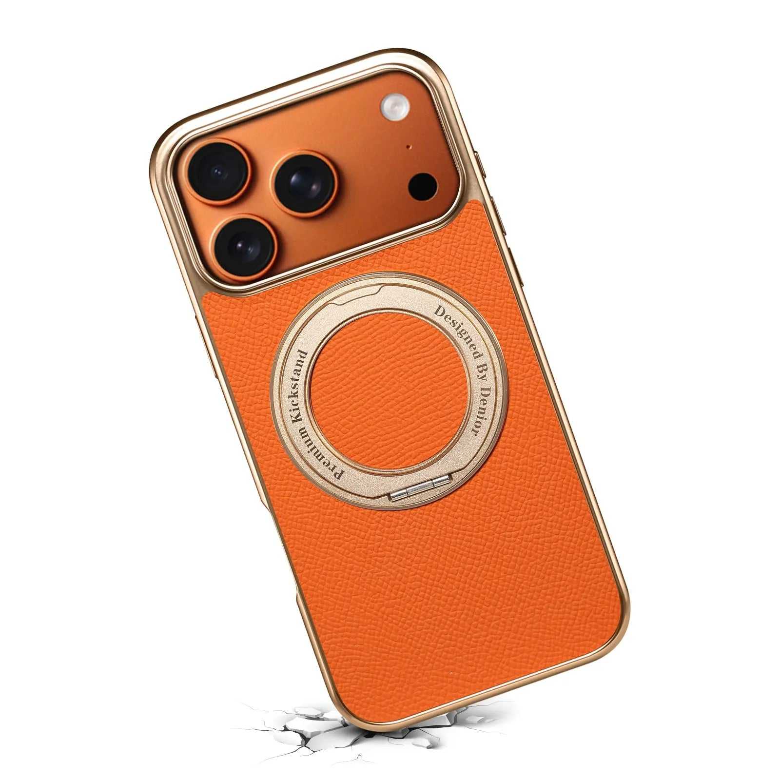 PADUCASE MagSafe leather iPhone case with hand grip in orange, offering full protection and stylish design.