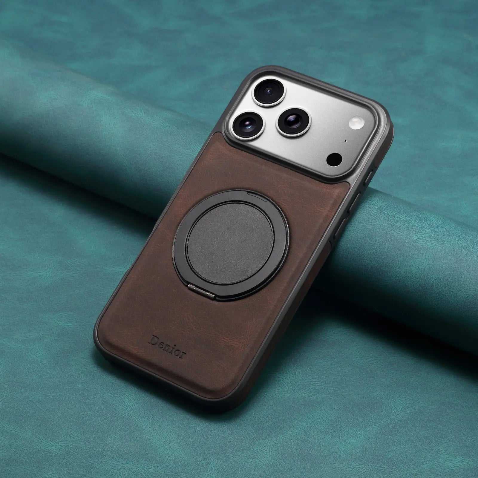Brown leather iPhone case with stand and MagSafe compatibility by PADUCASE, showing the case on an iPhone with stand feature.