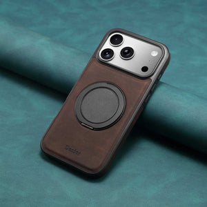 Brown leather iPhone case with stand and MagSafe compatibility by PADUCASE, showing the case on an iPhone with stand feature.