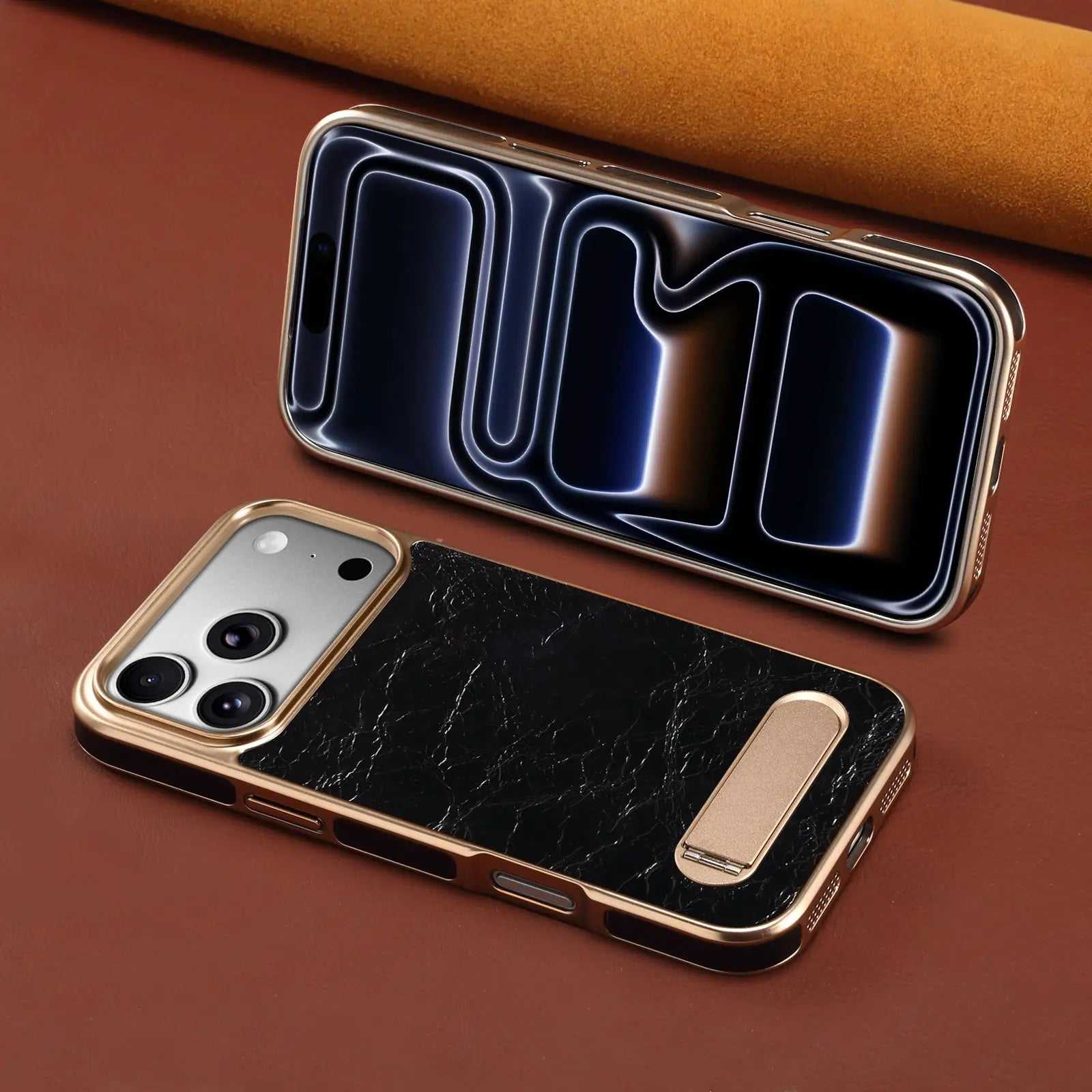 Black PADUCASE leather iPhone case with foldable stand, compatible with MagSafe, showcasing sleek design and sturdy construction.