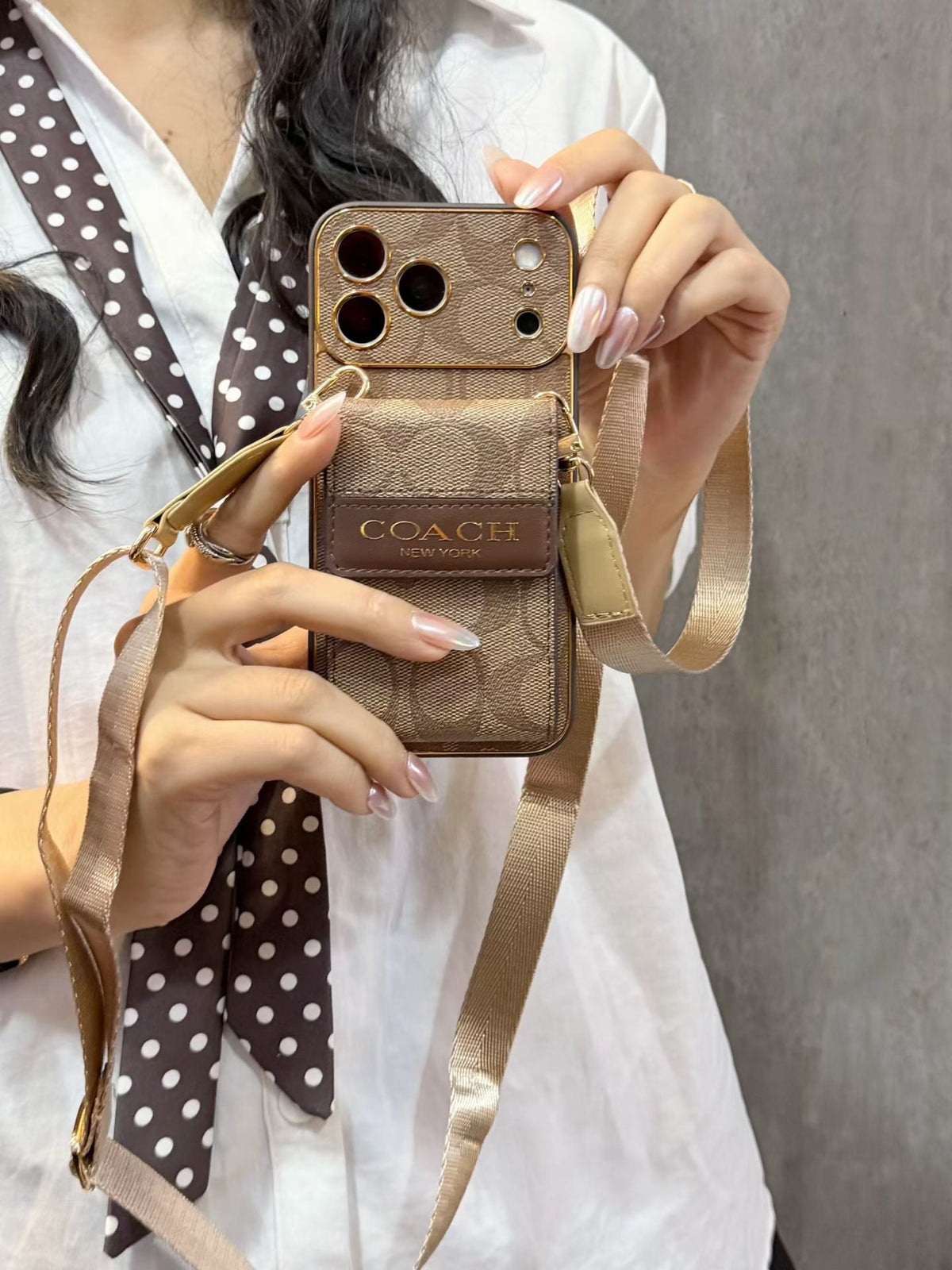 Leather CH Phone Case With  Card Holder And Crossbody Strap For iPhone Brown | PE2600191