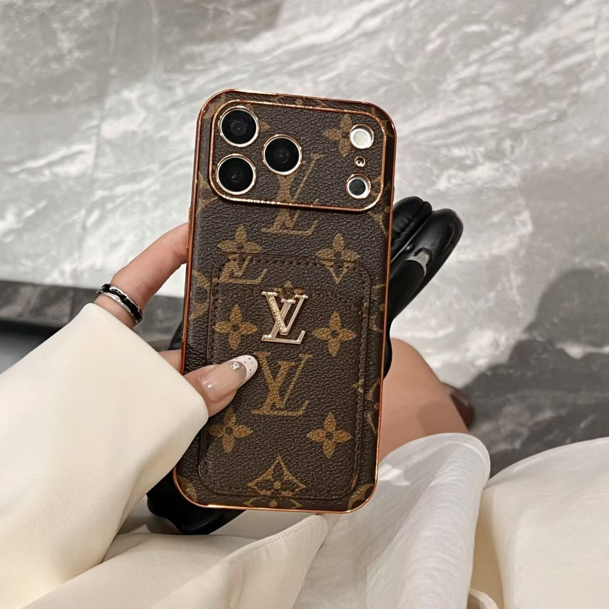 Leather Monogram Phone Case With Card Holder For iPhone Big Printing | PE2600192