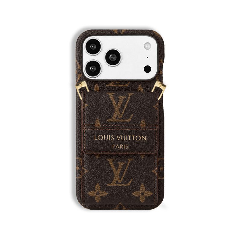 Leather Monogram Phone Case With Card Holder And Crossbody Strap For iPhone Big Printing | PE2600197