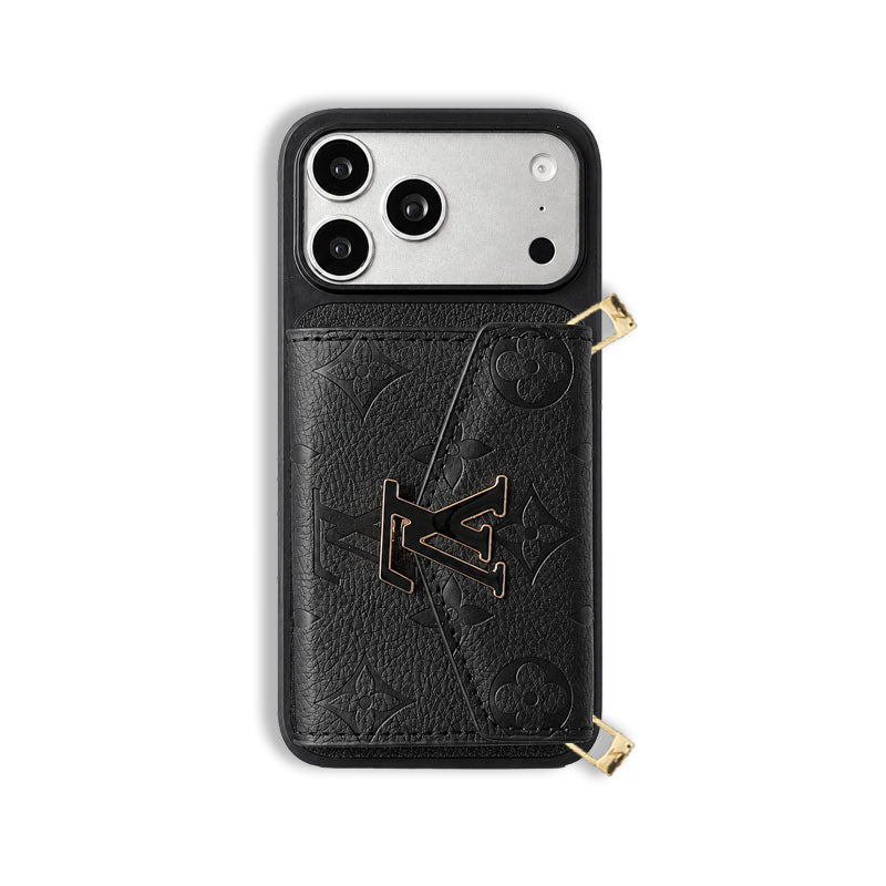 Leather Monogram Phone Case With  Card Holder And Crossbody Strap For iPhone Black | PE2600199