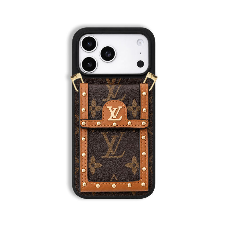 Leather Monogram Phone Case With Card Holder And Crossbody Strap For iPhone Big Printing | PE2600195