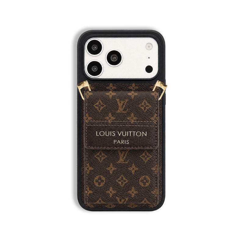 Leather Monogram Phone Case With Card Holder And Crossbody Strap For iPhone Small Printing | PE2600198